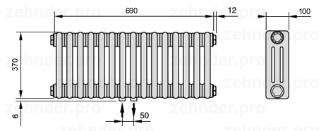 Схема (чертеж) Радиатор Zehnder Charleston 3037/15 №3470 Белый глянцевый RAL 9016